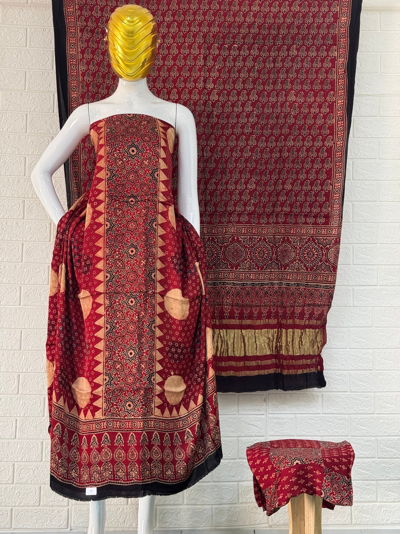 Ajrakh Hand Block Print 3 Pice Suit, Ajrakh Suit Set