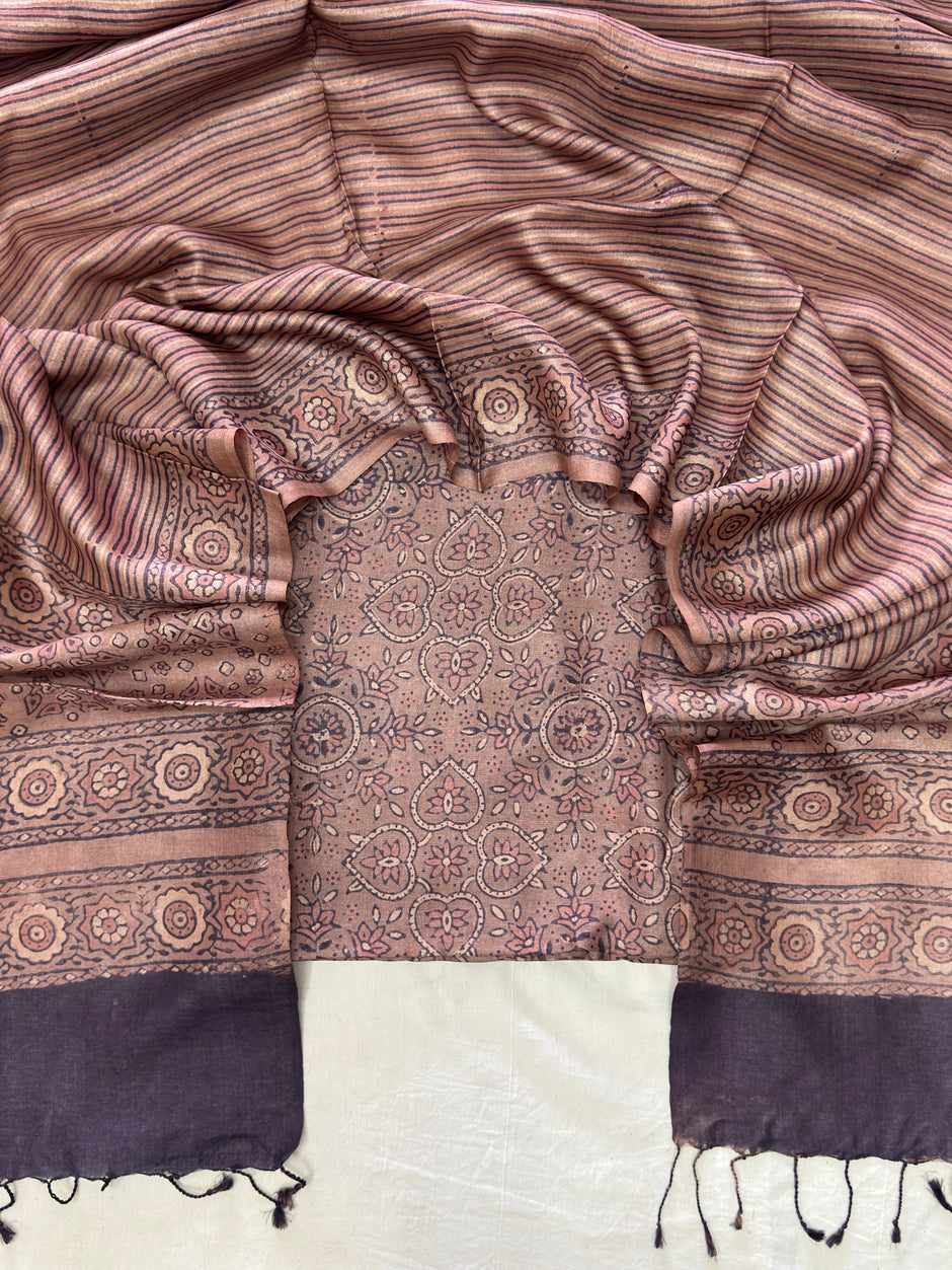 Handloom Pure Tussar Silk Ajrakh Natural Dye 2-Piece Suit Set – Exclusive Collection