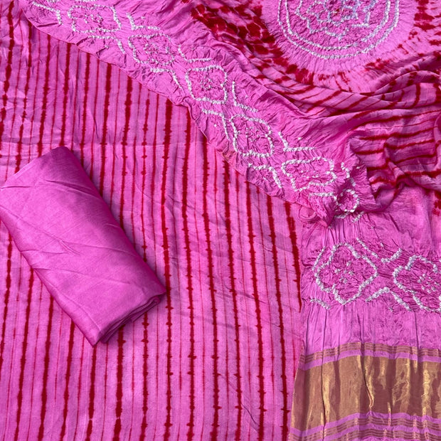 Pink & Red Modal Silk Tie & Dye Bandhani Dupatta 3 Piece Suits