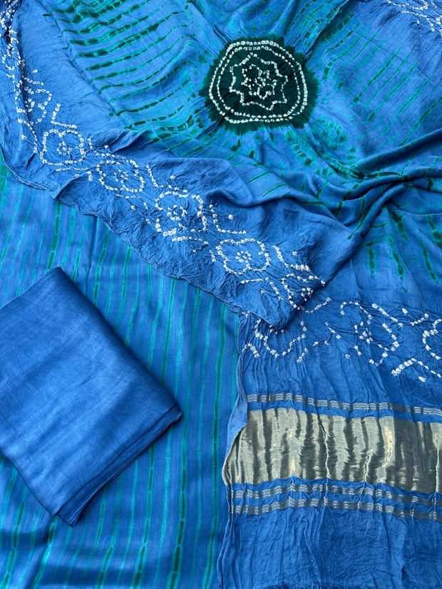 Sky Blue & Green Modal Silk Tie & Dye Bandhani Dupatta 3 Piece Suits
