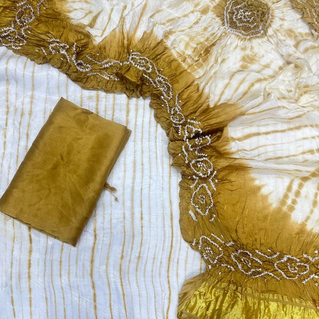 Khaki & White Modal Silk Tie & Dye Bandhani Dupatta 3 Piece Suits