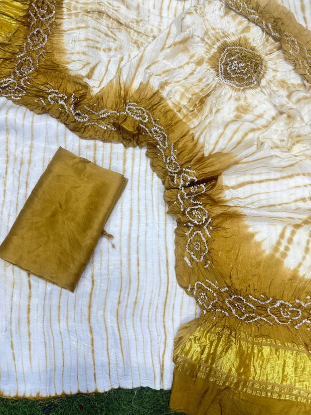 Khaki & White Modal Silk Tie & Dye Bandhani Dupatta 3 Piece Suits