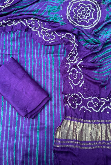 Purple & Green Modal Silk Tie & Dye Bandhani Dupatta 3 Piece Suits