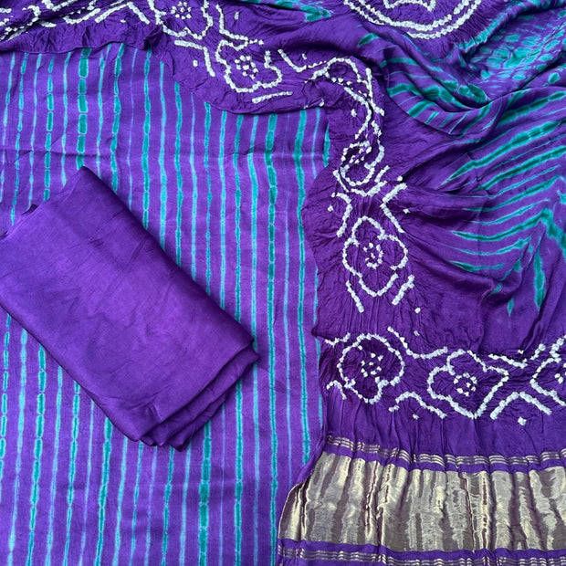 Purple & Green Modal Silk Tie & Dye Bandhani Dupatta 3 Piece Suits