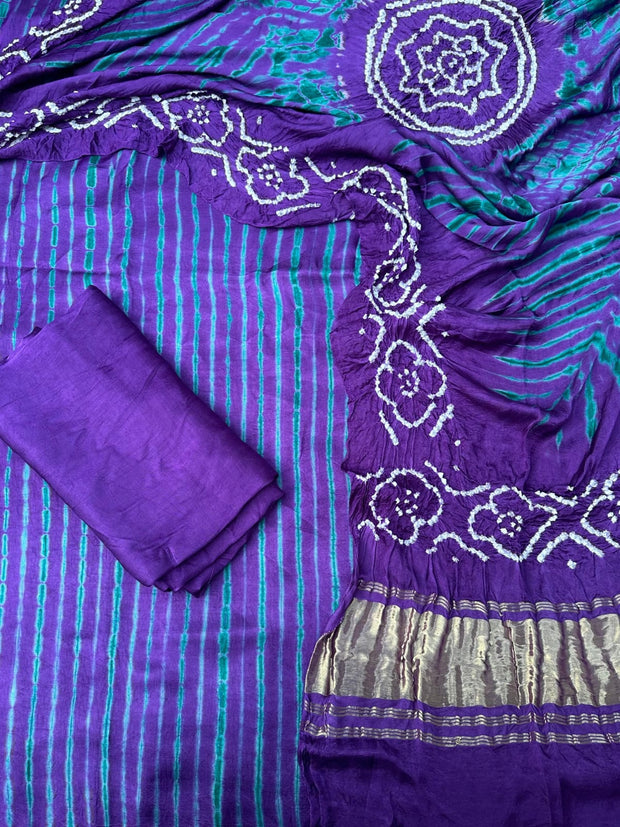 Purple & Green Modal Silk Tie & Dye Bandhani Dupatta 3 Piece Suits