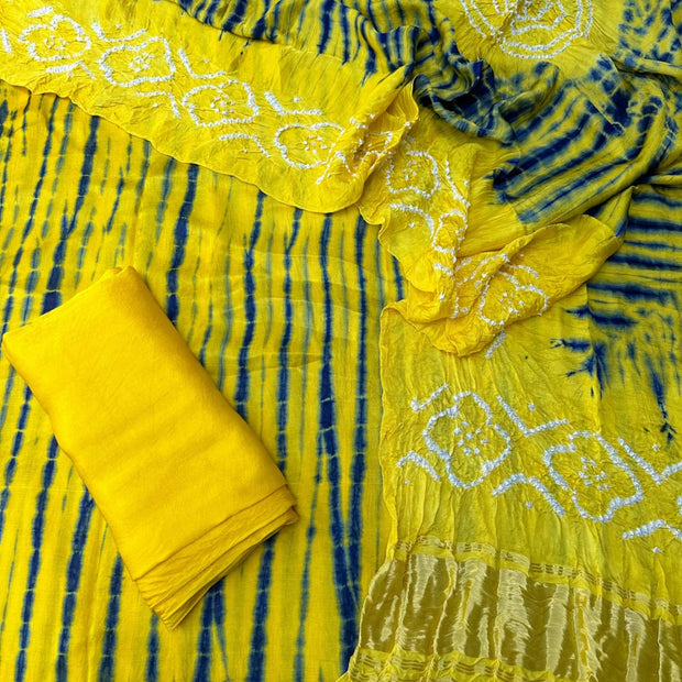 Yellow & Blue Modal Silk Tie & Dye Bandhani Dupatta 3 Piece Suits