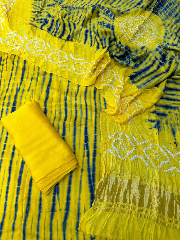 Yellow & Blue Modal Silk Tie & Dye Bandhani Dupatta 3 Piece Suits