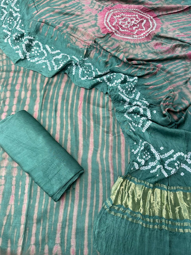 Green & Pink Modal Silk Tie & Dye Bandhani Dupatta 3 Piece Suits