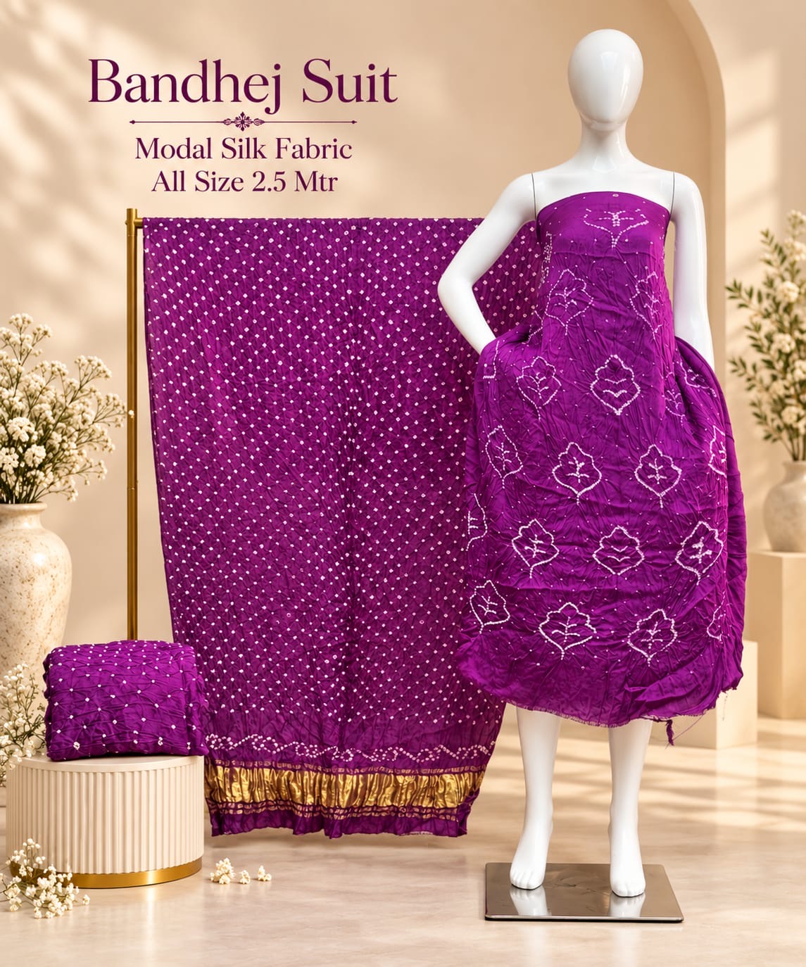 Premium Barik Bandhej Modal Silk 3-Piece Suit with Tissue Pallu