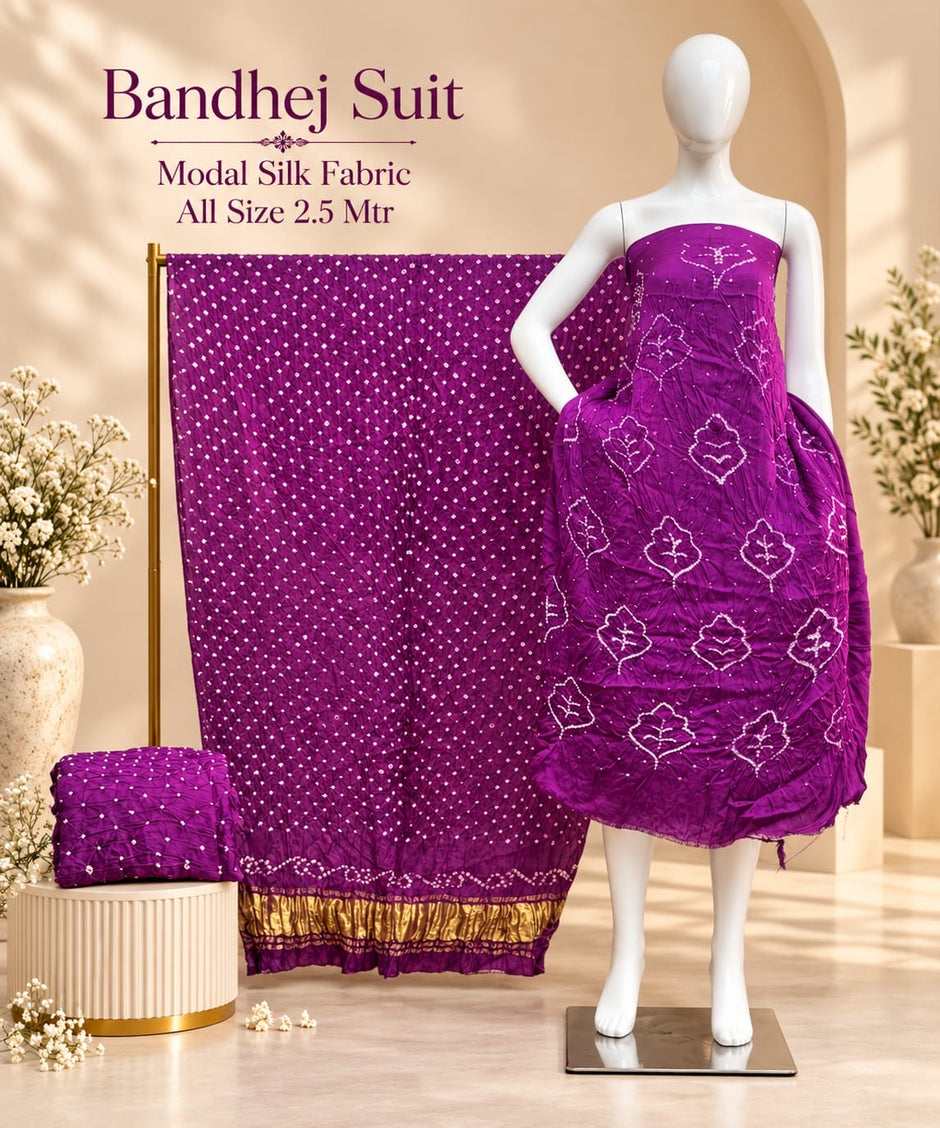 Premium Barik Bandhej Modal Silk 3-Piece Suit with Tissue Pallu