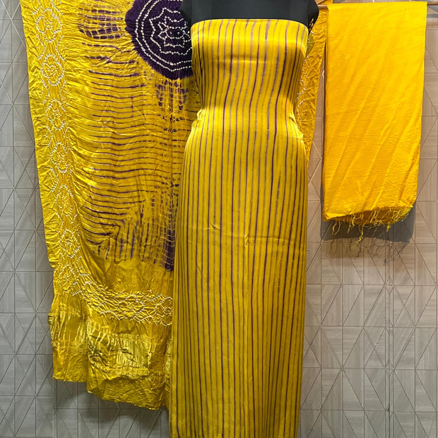Yellow & purple Modal Silk Tie & Dye Bandhani Dupatta 3 Piece Suits
