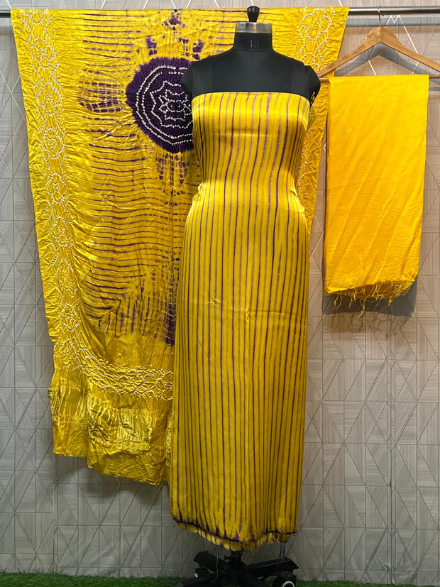 Yellow & purple Modal Silk Tie & Dye Bandhani Dupatta 3 Piece Suits