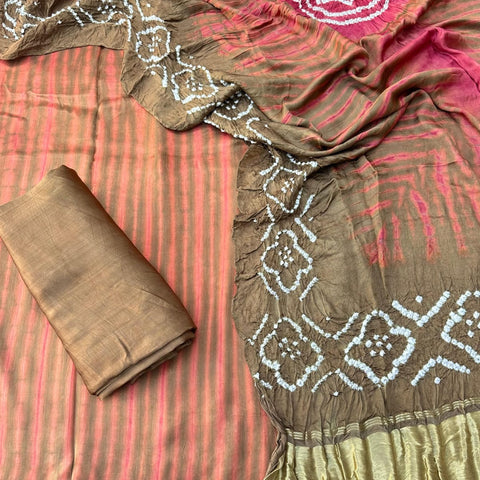 Dark Brown & Pink Modal Silk Tie & Dye Bandhani Dupatta 3 Piece Suits
