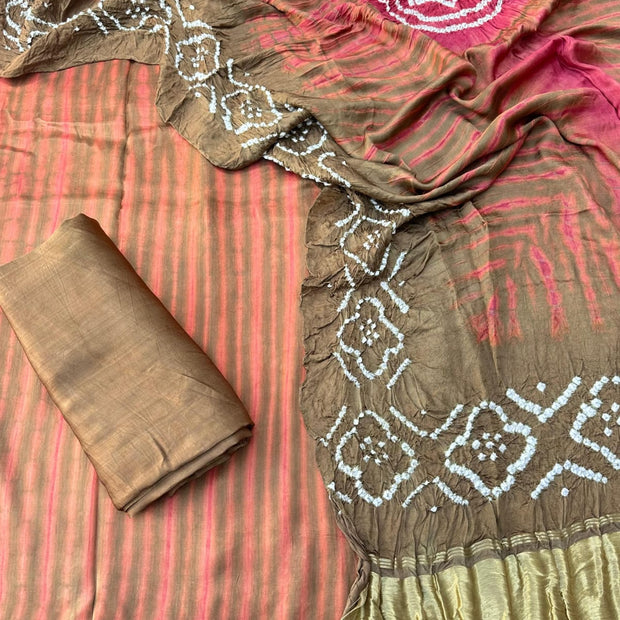 Dark Brown & Pink Modal Silk Tie & Dye Bandhani Dupatta 3 Piece Suits