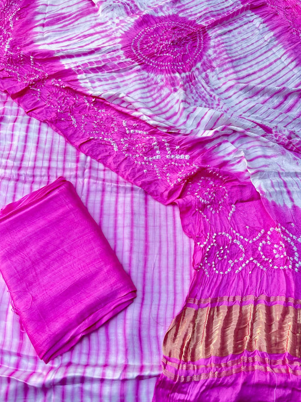 Pink & White Modal Silk Tie & Dye Bandhani Dupatta 3 Piece Suits