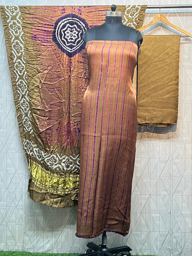 Brown g & purple Modal Silk Tie & Dye Bandhani Dupatta 3 Piece Suits