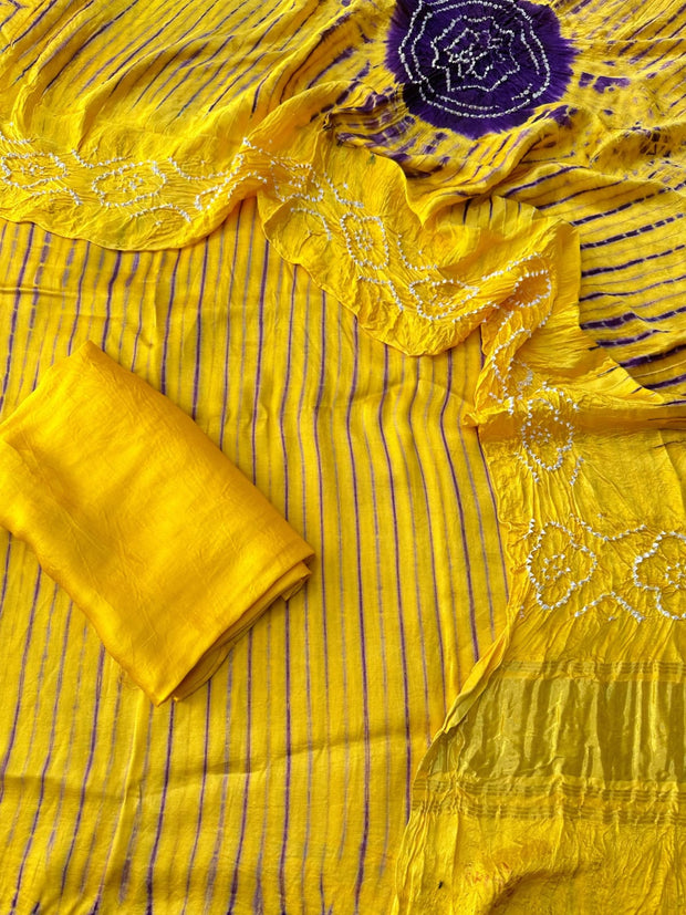 Yellow & Purple Modal Silk Tie & Dye Bandhani Dupatta 3 Piece Suits