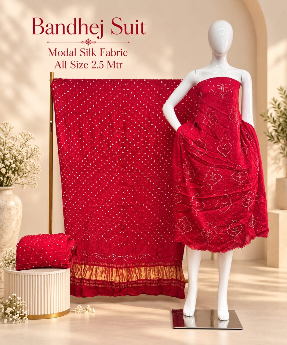 Premium Barik Bandhej Modal Silk 3-Piece Suit with Tissue Pallu