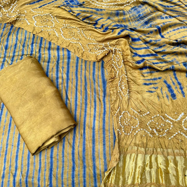 Khaki & Blue Modal Silk Tie & Dye Bandhani Dupatta 3 Piece Suits