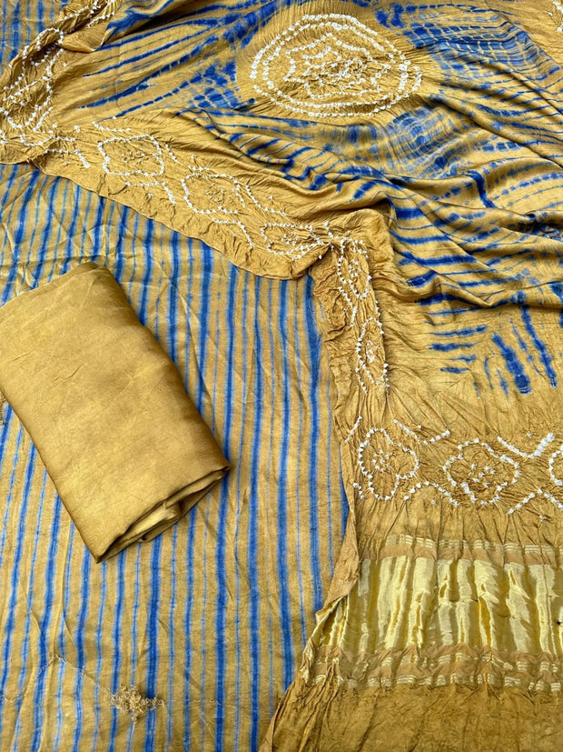 Khaki & Blue Modal Silk Tie & Dye Bandhani Dupatta 3 Piece Suits