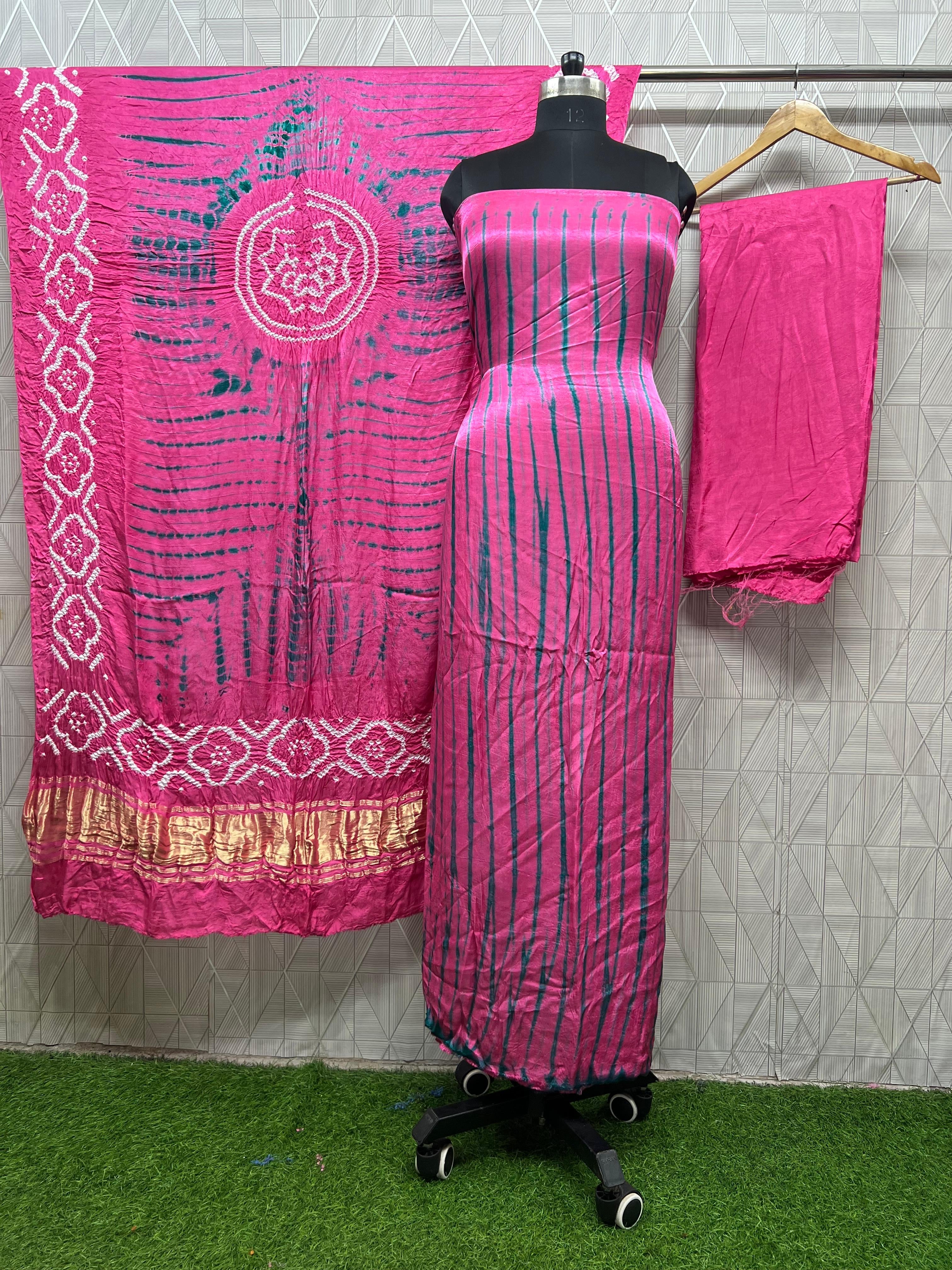 Pink & green Modal Silk Tie & Dye Bandhani Dupatta 3 Piece Suits