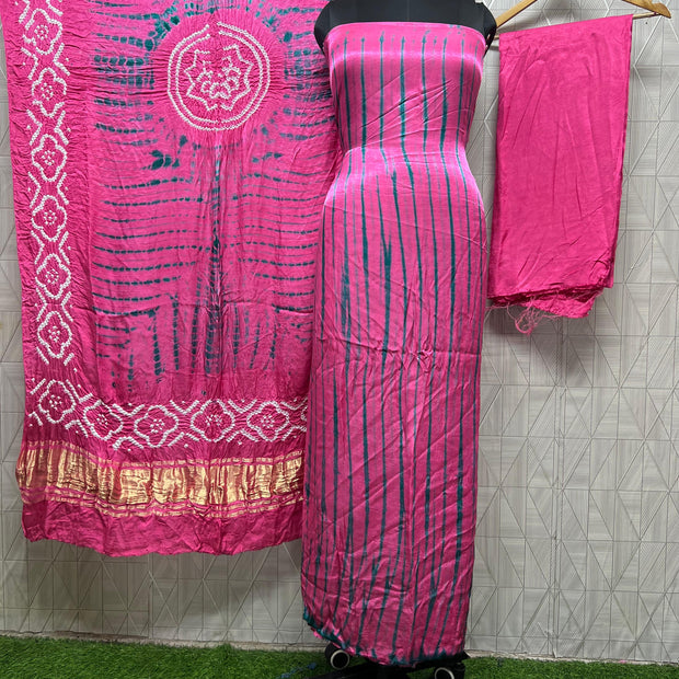 Pink & green Modal Silk Tie & Dye Bandhani Dupatta 3 Piece Suits