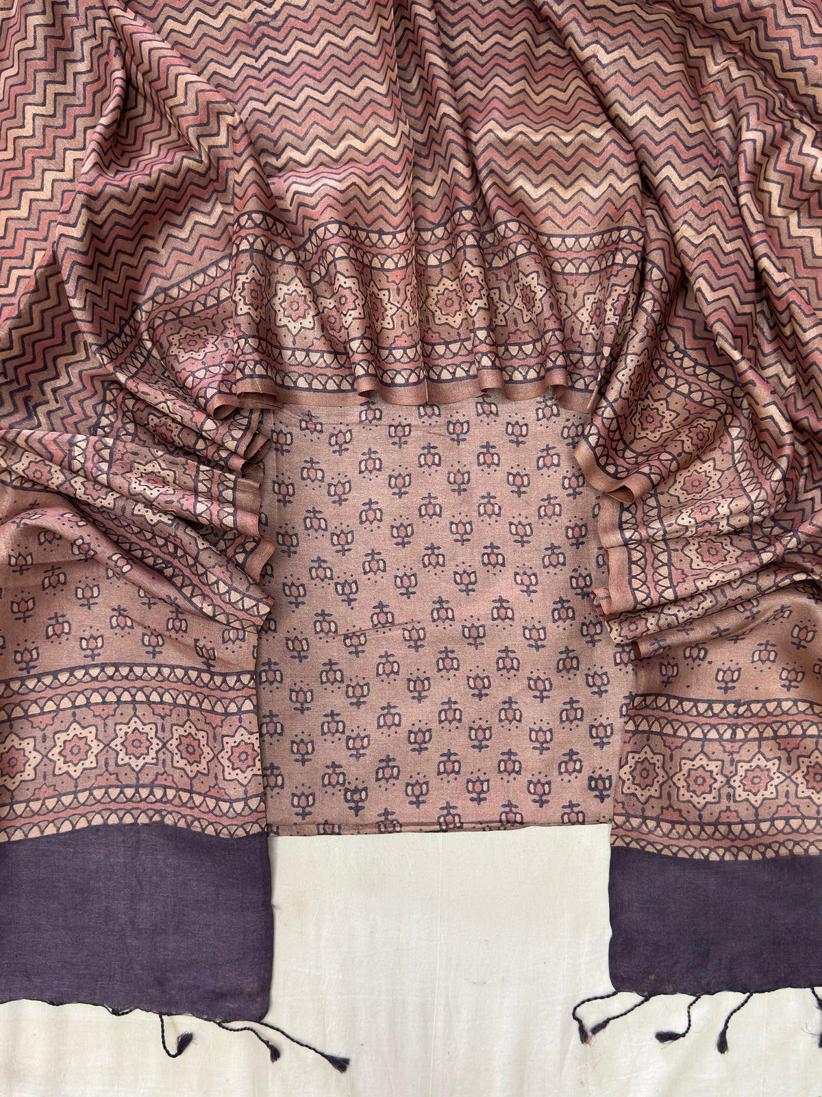 Handloom Pure Tussar Silk Ajrakh Natural Dye 2-Piece Suit Set – Exclusive Collection
