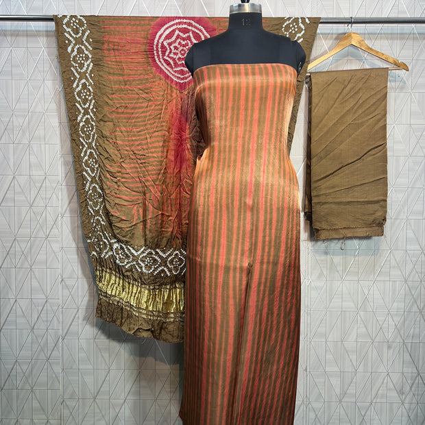 Brown g & pink Modal Silk Tie & Dye Bandhani Dupatta 3 Piece Suits