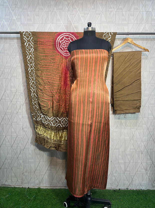 Brown g & pink Modal Silk Tie & Dye Bandhani Dupatta 3 Piece Suits