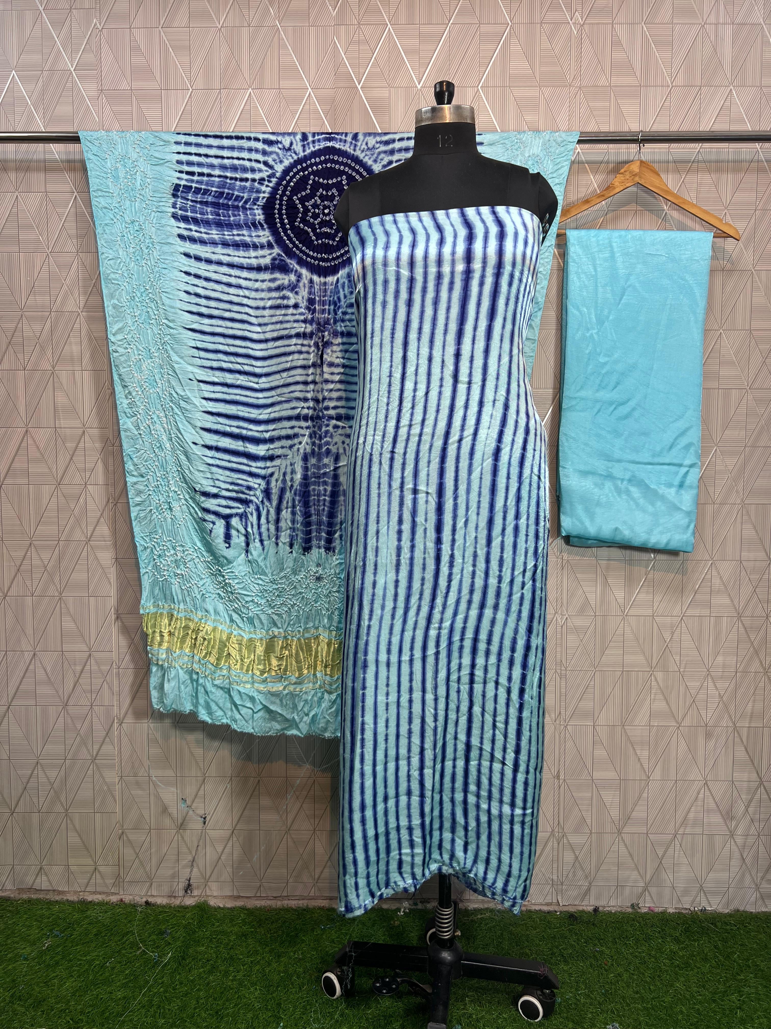 Cyan & blue Modal Silk Tie & Dye Bandhani Dupatta 3 Piece Suits