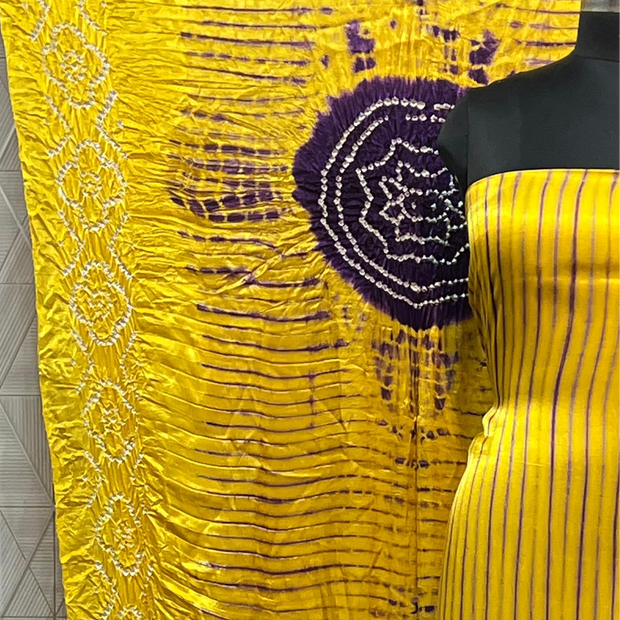 Yellow & purple Modal Silk Tie & Dye Bandhani Dupatta 3 Piece Suits