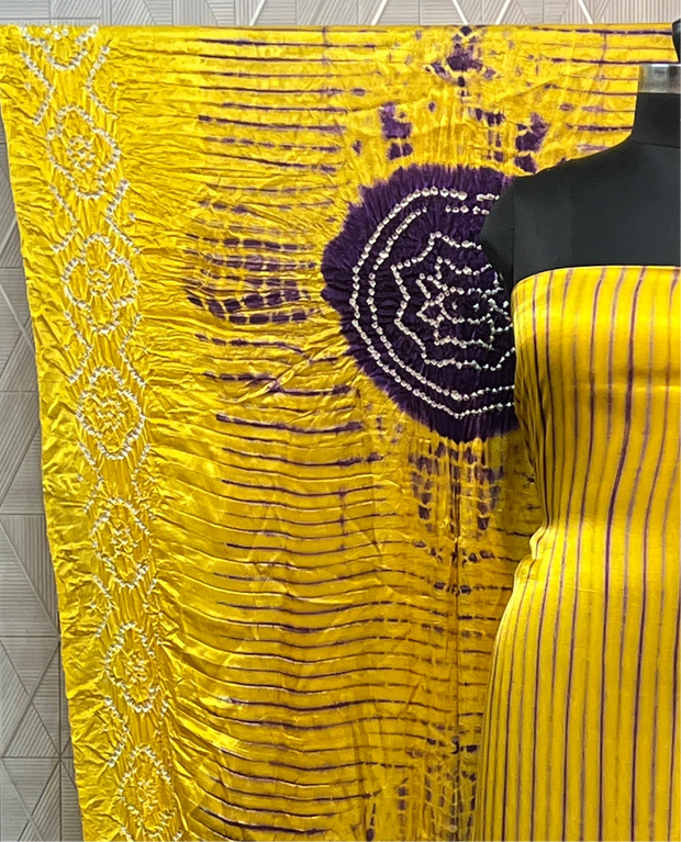 Yellow & purple Modal Silk Tie & Dye Bandhani Dupatta 3 Piece Suits