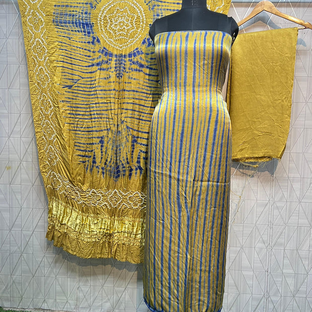 Khakhi & blue Modal Silk Tie & Dye Bandhani Dupatta 3 Piece Suits