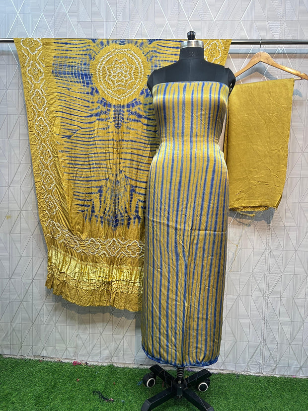 Khakhi & blue Modal Silk Tie & Dye Bandhani Dupatta 3 Piece Suits