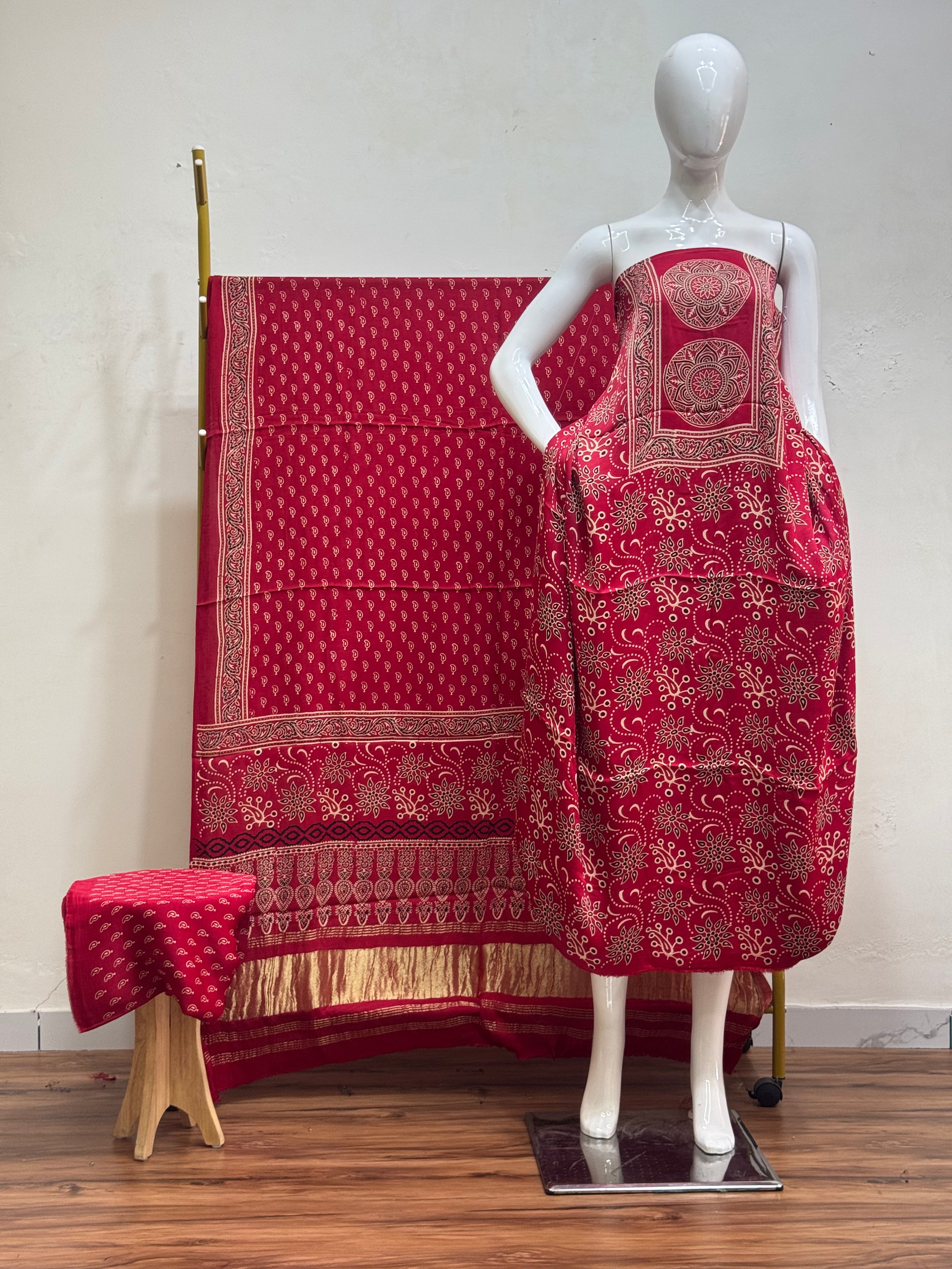 Havi Modal Silk Ajrakh Neptol Dye & Discharge Print Panel Design 3-Piece Suit - The Ajrakh Studio