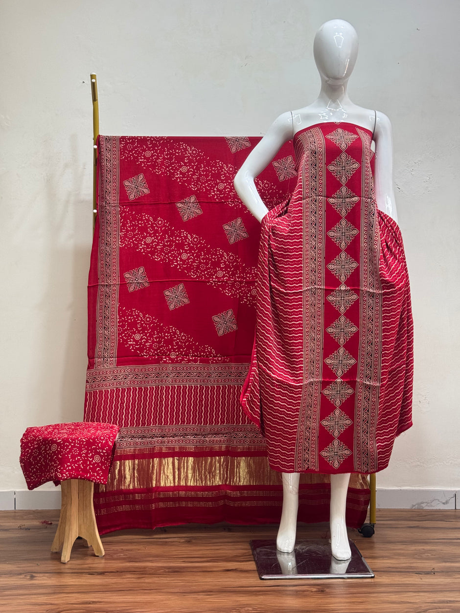 Havi Modal Silk Ajrakh Neptol Dye & Discharge Print Panel Design 3-Piece Suit - The Ajrakh Studio