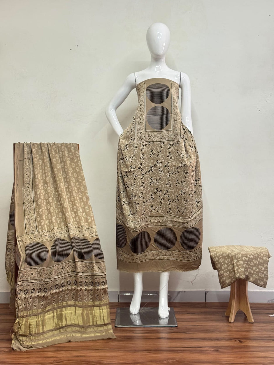 Havi Modal Silk Ajrakh Neptol Dye Discharge Print Panel Suit 03 - The Ajrakh Studio