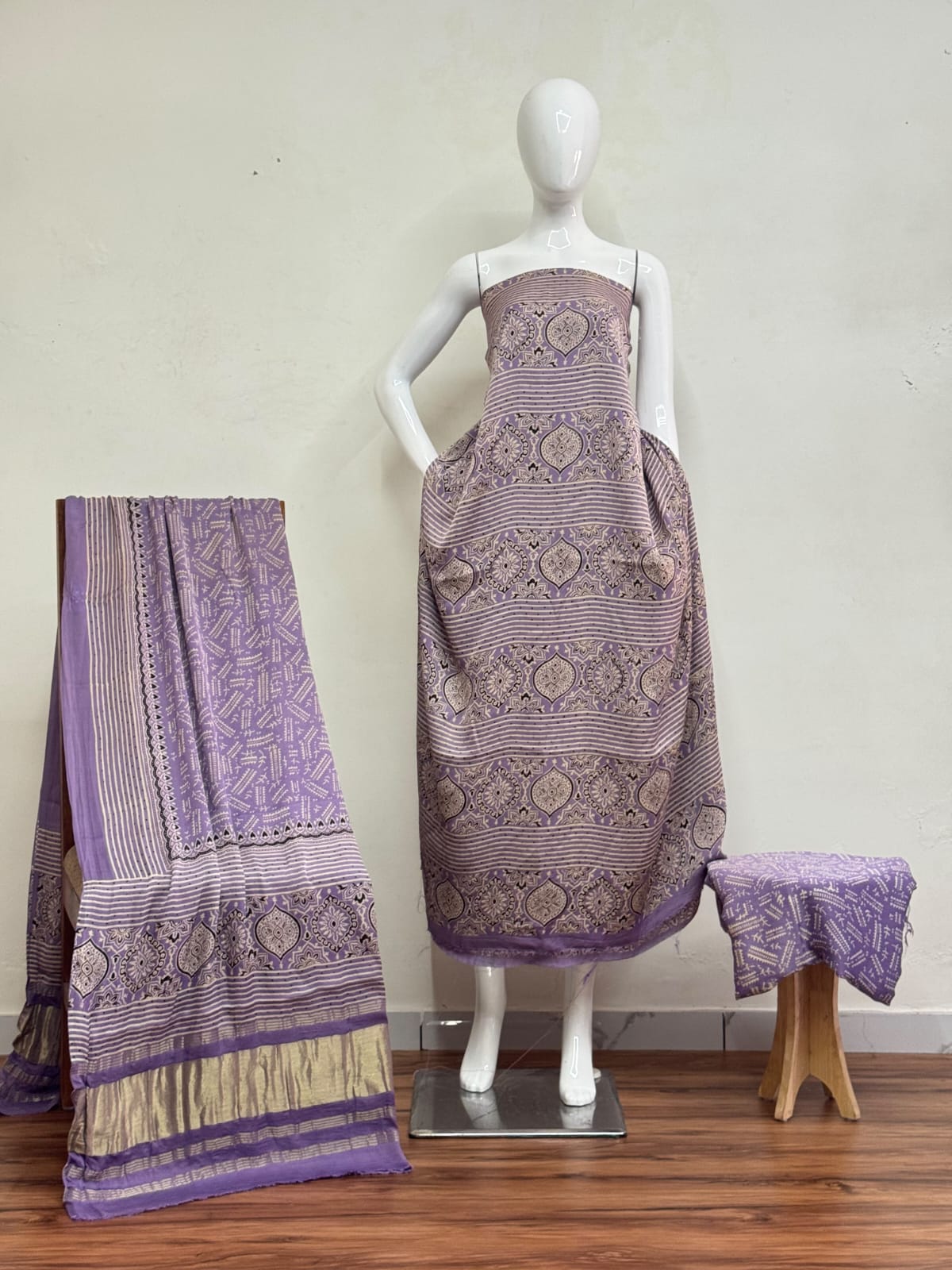 Havi Modal Silk Ajrakh Neptol Dye Discharge Print Panel Suit 01 - The Ajrakh Studio