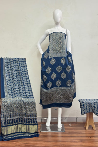 Havi Modal Silk Ajrakh Neptol Dye Discharge Print Panel Suit 04 - The Ajrakh Studio