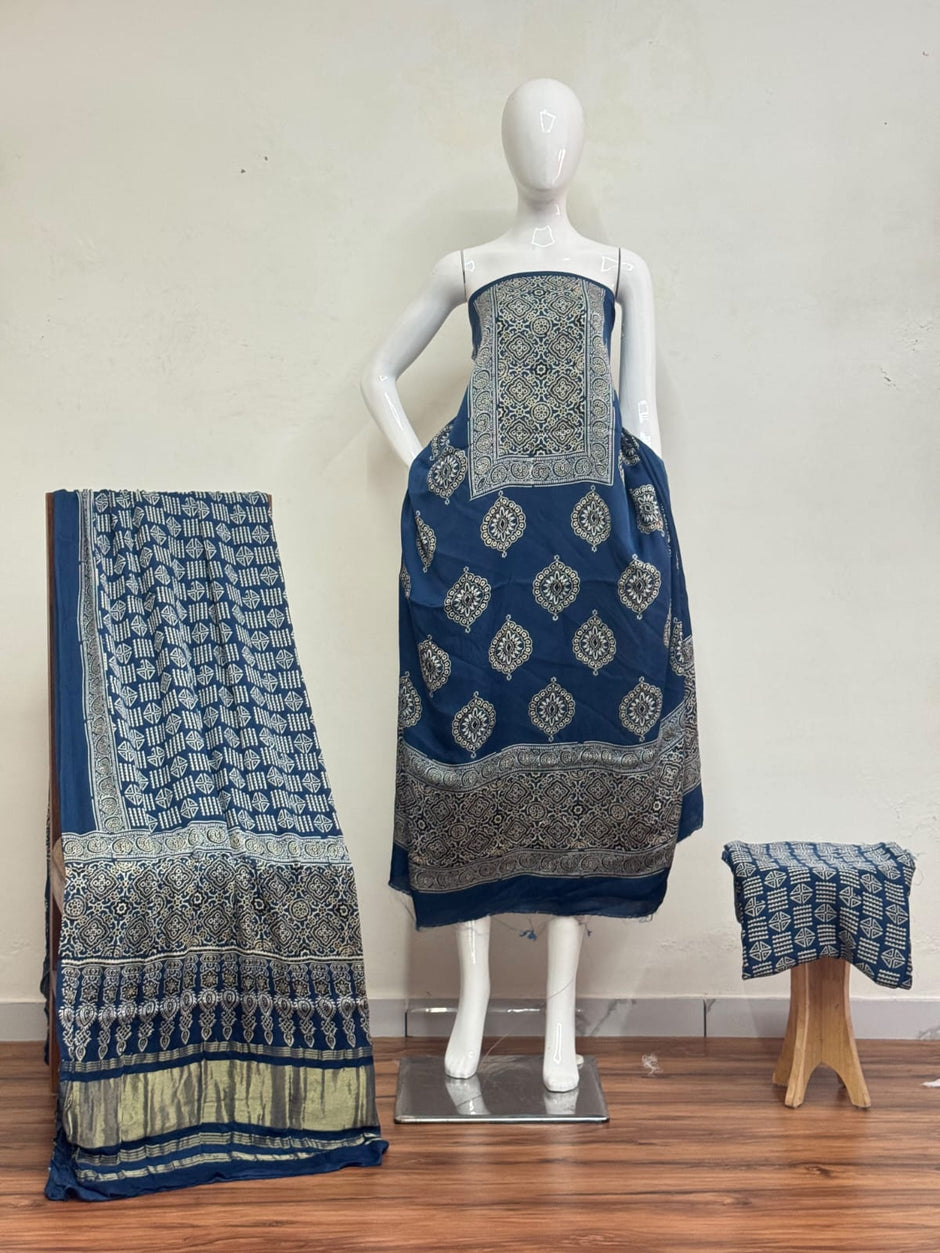 Havi Modal Silk Ajrakh Neptol Dye Discharge Print Panel Suit 04 - The Ajrakh Studio