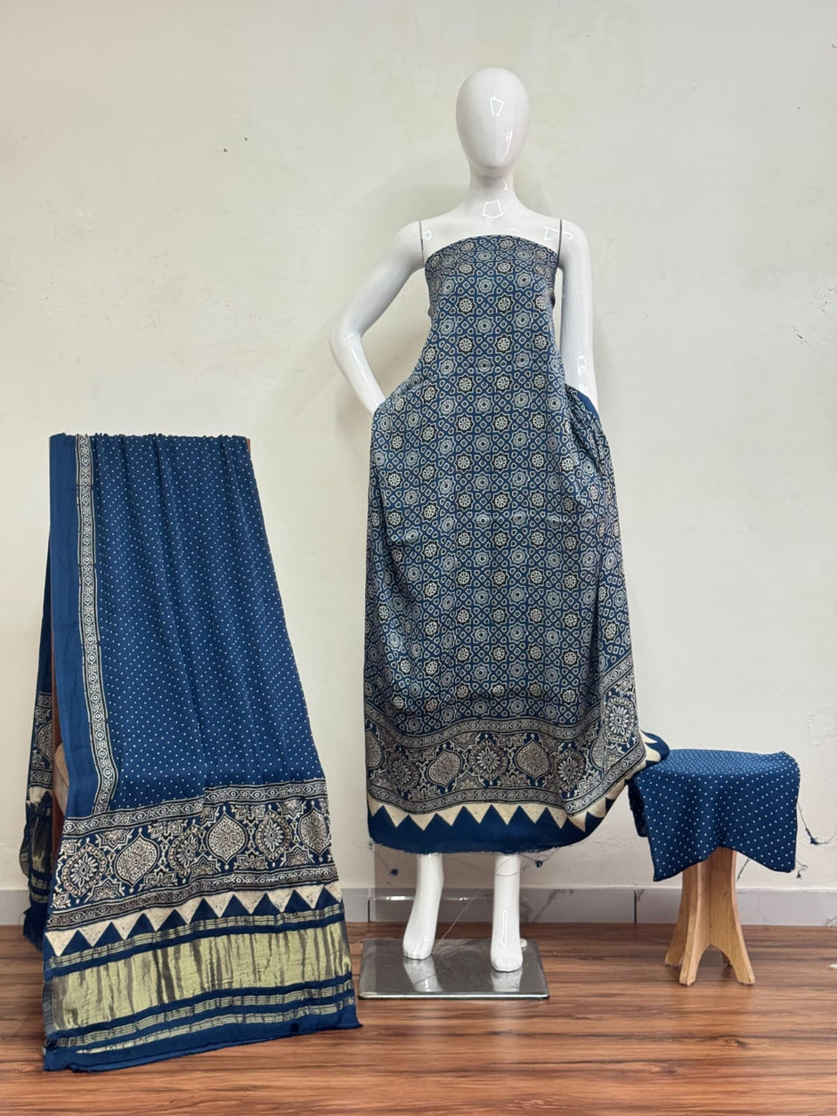 Havi Modal Silk Ajrakh Neptol Dye Discharge Print Panel Suit 11 - The Ajrakh Studio
