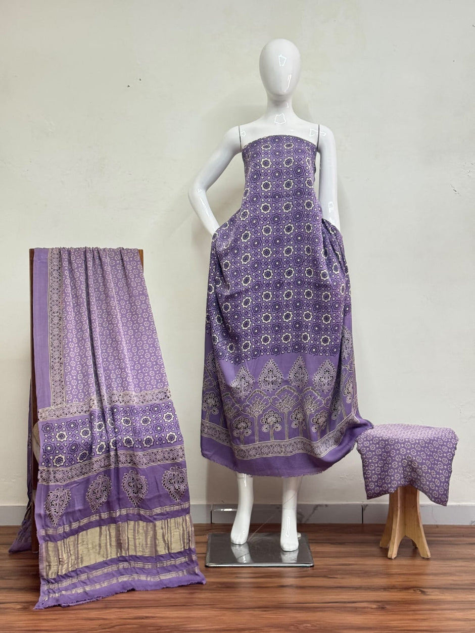 Havi Modal Silk Ajrakh Neptol Dye Discharge Print Panel Suit 02 - The Ajrakh Studio