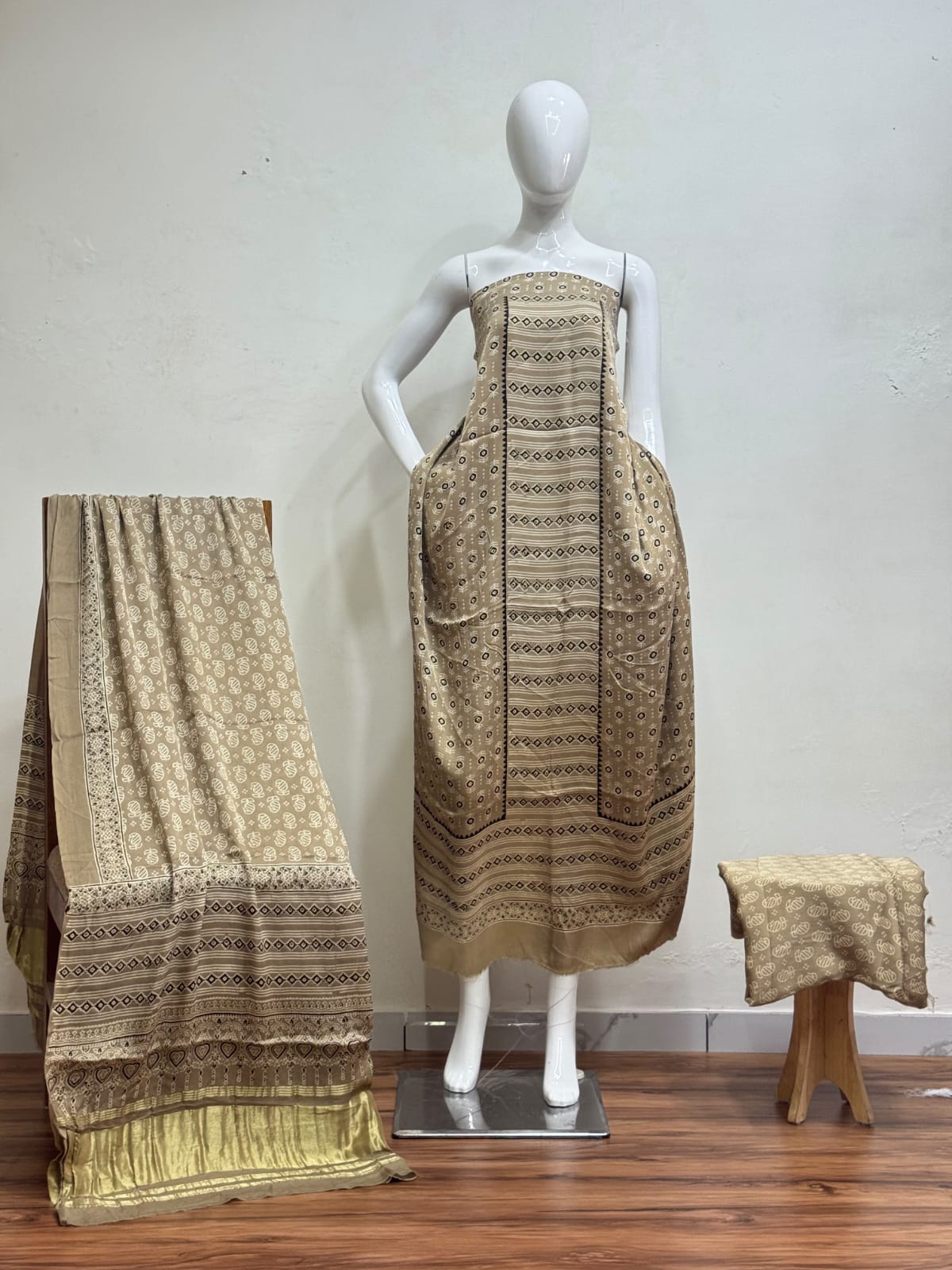 Havi Modal Silk Ajrakh Neptol Dye Discharge Print Panel Suit 05 - The Ajrakh Studio