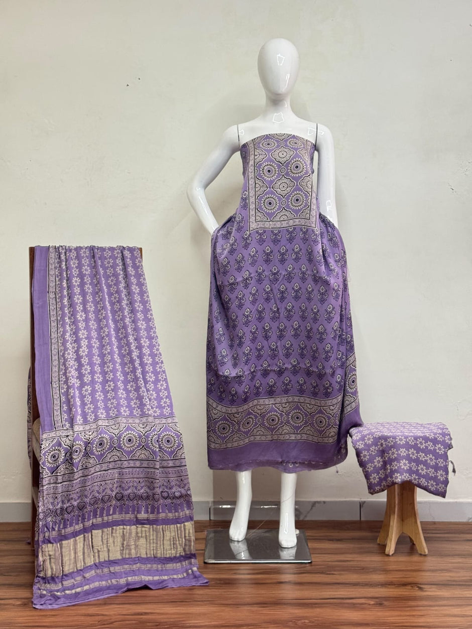 Havi Modal Silk Ajrakh Neptol Dye Discharge Print Panel Suit 09 - The Ajrakh Studio