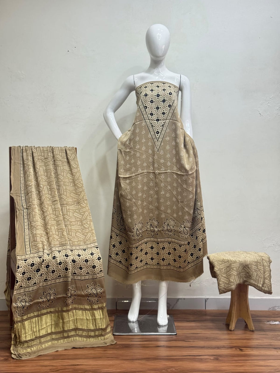 Havi Modal Silk Ajrakh Neptol Dye Discharge Print Panel Suit 12 - The Ajrakh Studio