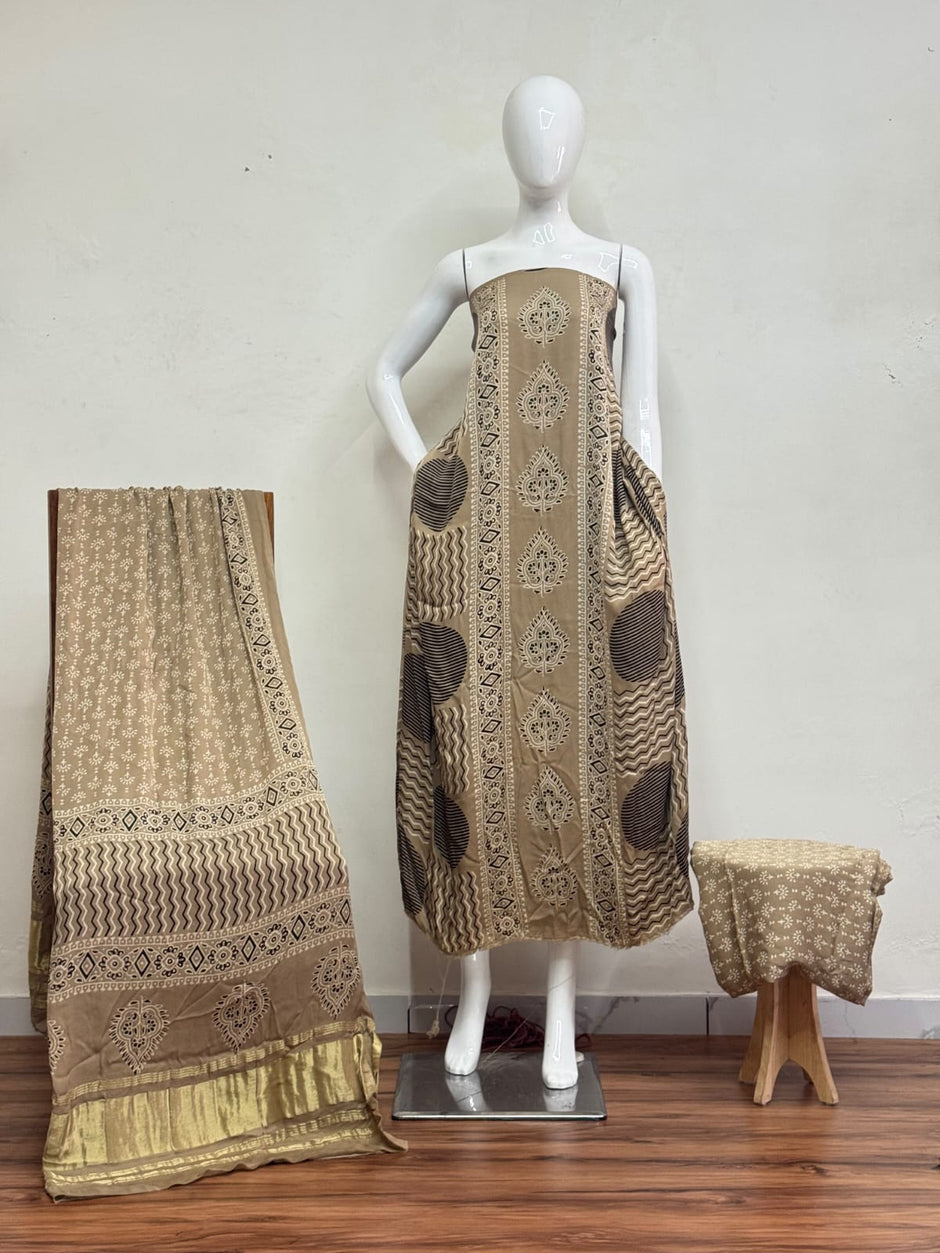Havi Modal Silk Ajrakh Neptol Dye Discharge Print Panel Suit 08 - The Ajrakh Studio
