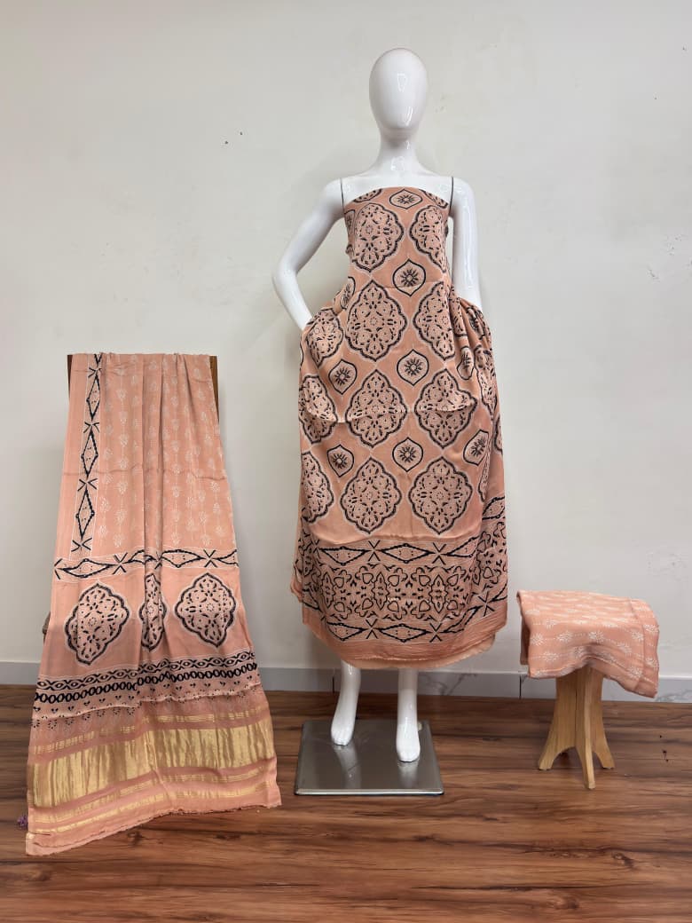 Havi Modal Silk Ajrakh Neptol Dye Discharge Print Panel Suit 17 - The Ajrakh Studio