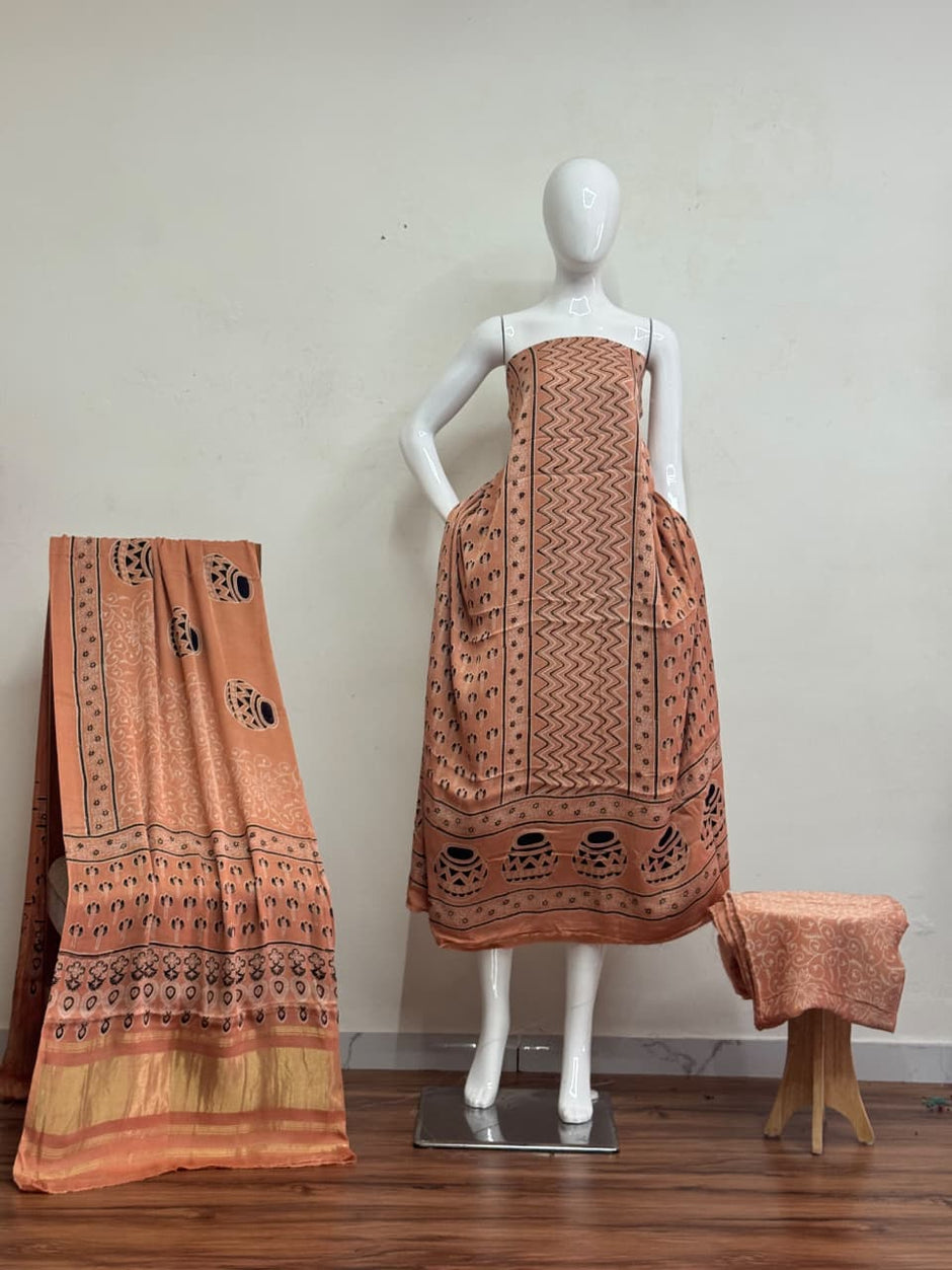 Havi Modal Silk Ajrakh Neptol Dye Discharge Print Panel Suit 14 - The Ajrakh Studio