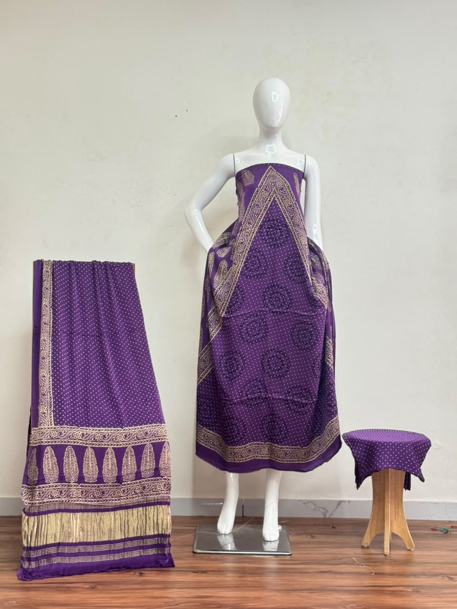 Havi Modal Silk Ajrakh Neptol Dye Discharge Print Panel Suit 13 - The Ajrakh Studio