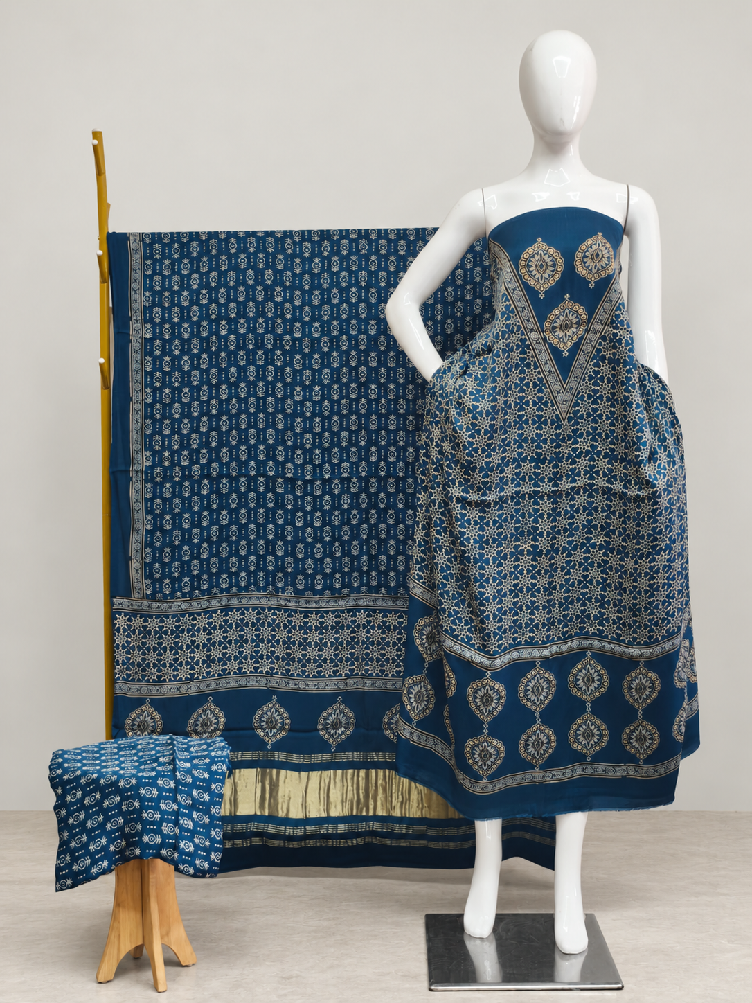 Havi Modal Silk Ajrakh Neptol Dye & Discharge Print Panel Design 3-Piece Suit - The Ajrakh Studio